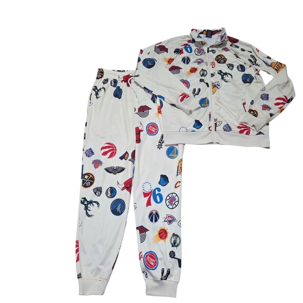 NBA All Over‎ Print Tracksuit Mens L White Jogger Pants Zip Jacket Logo Set
